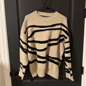 Women’s Cream and Black Striped Crewneck Sweater